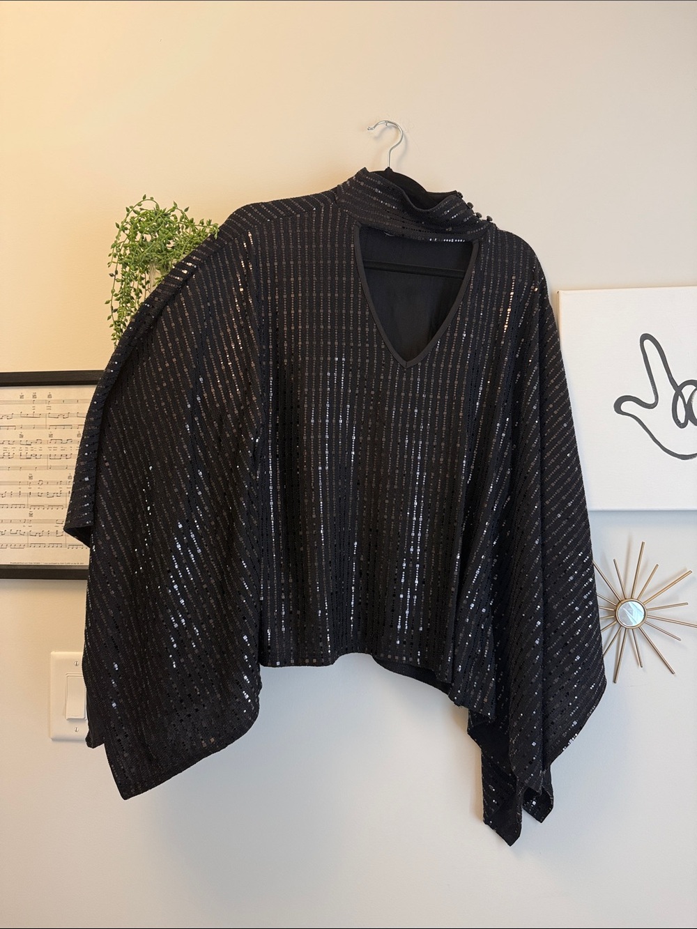 Vintage Black Sequin V-Neck Poncho Top